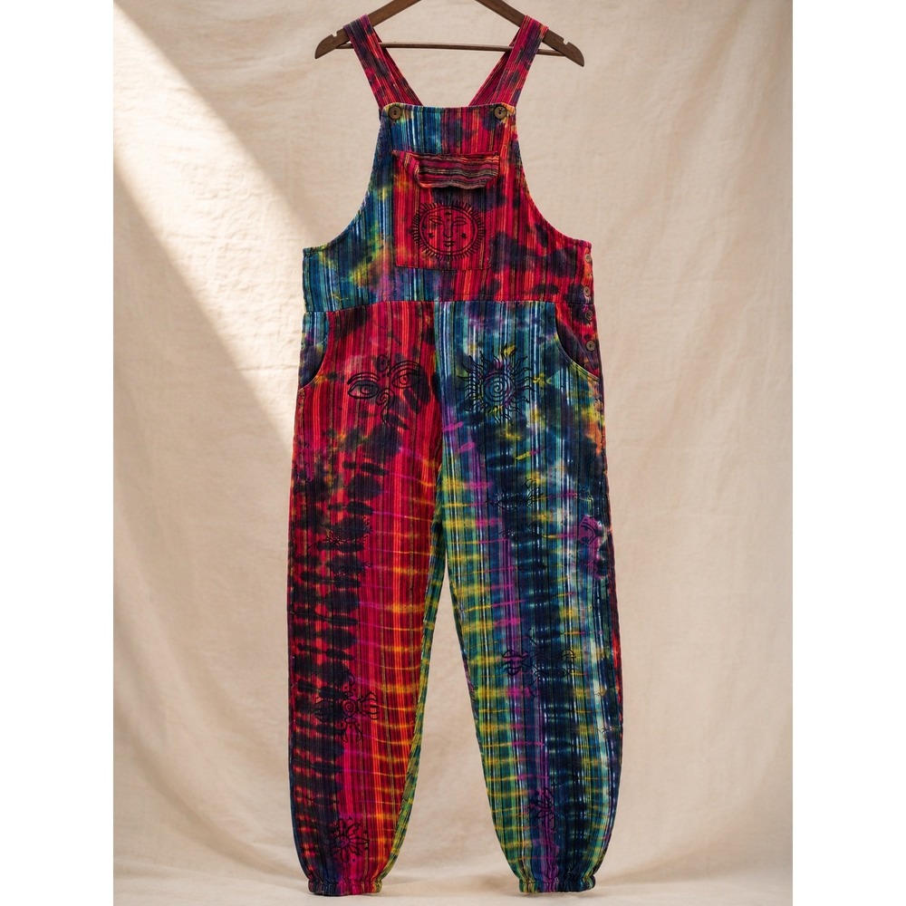 Women's Rising International Medium Celestial Sun Moon Tie Dye Cotton Overalls